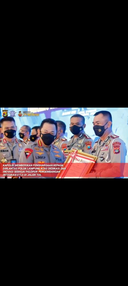 Kapolri Beri Penghargaan Kategori Pengembangan  Integrasi ETLE di Jalan Tol kepada Dirlantas Polda Lampung