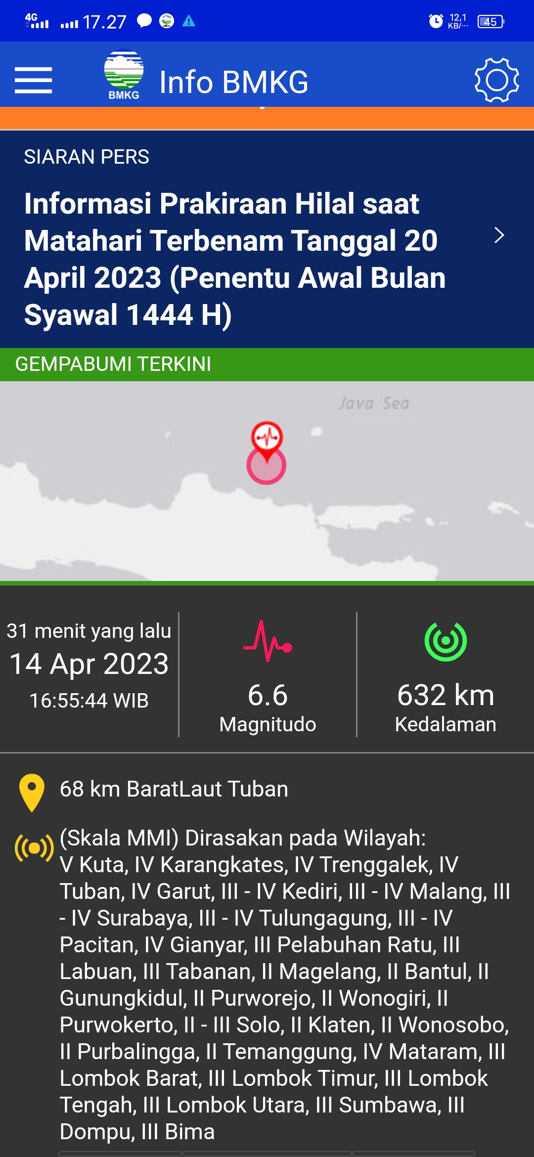 Gempa 6,6 SR Guncang Tuban-Jatim